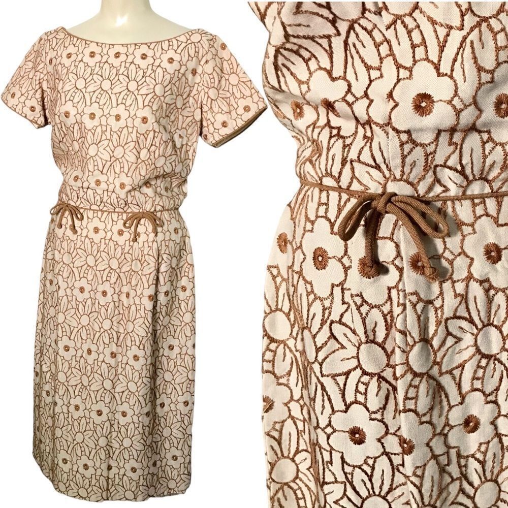 Vintage Parade  Flower Embroidered Faux Tie Waist Short Sleeve Sheath Midi Dress